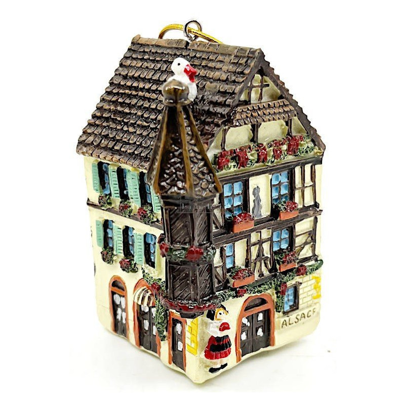 Elsässische Turmhaus-Hängeleuchte in Gelb mit Storch und LEDs