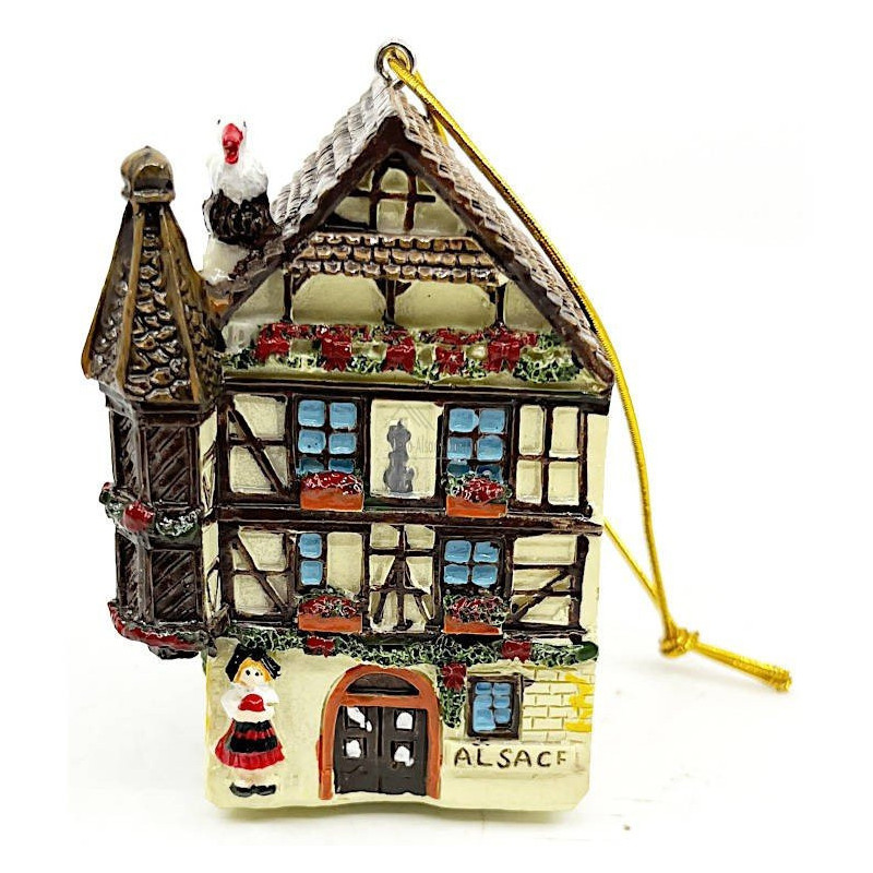Elsässische Turmhaus-Hängeleuchte in Gelb mit Storch und LEDs