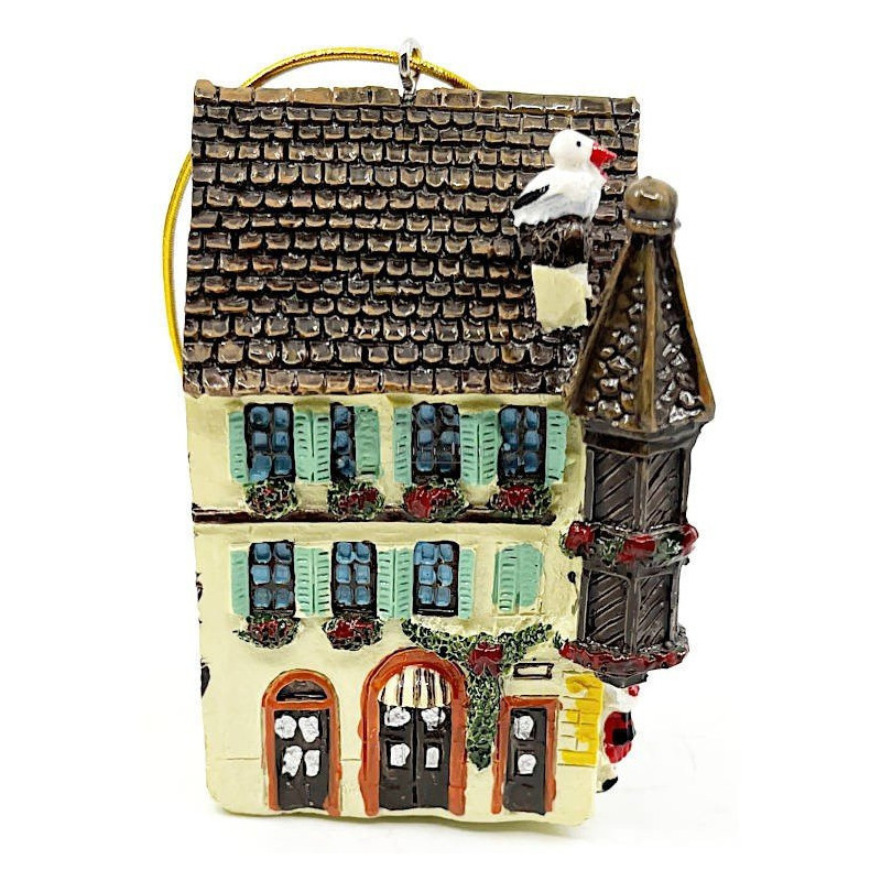 Elsässische Turmhaus-Hängeleuchte in Gelb mit Storch und LEDs