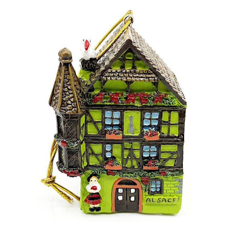 Green Alsatian Turret House Pendant with Stork and Led