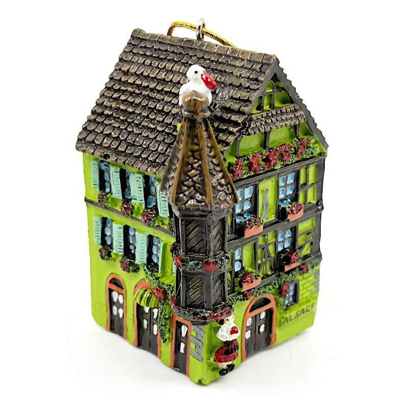 Green Alsatian Turret House Pendant with Stork and Led