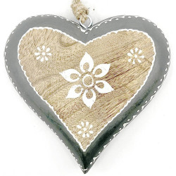 Herz aus Massivholz 16,5 cm mit Blumendekor und grauem Rand zum Aufhängen