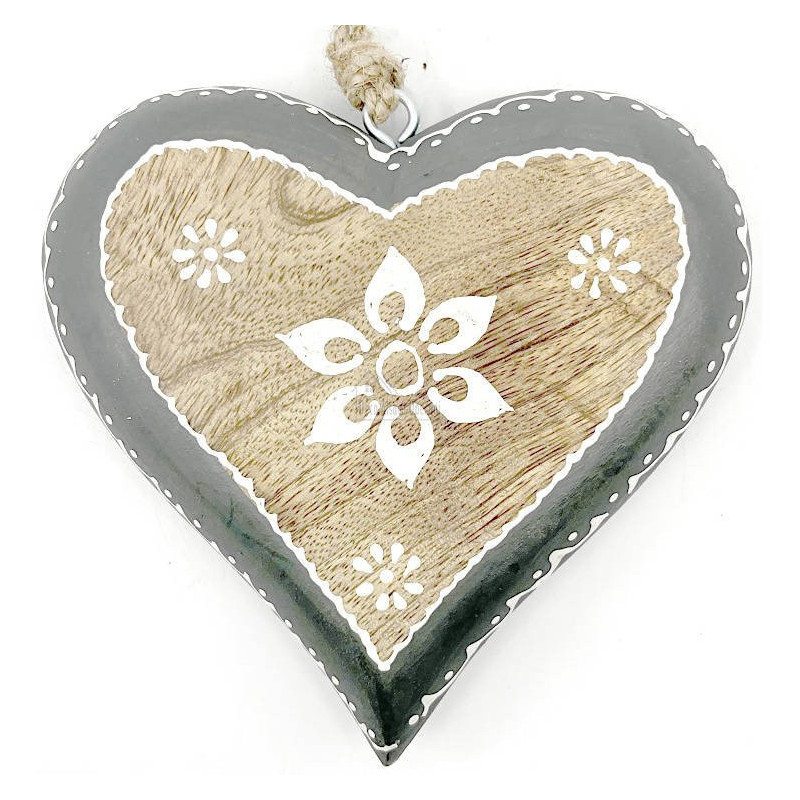 Herz aus Massivholz 16,5 cm mit Blumendekor und grauem Rand zum Aufhängen