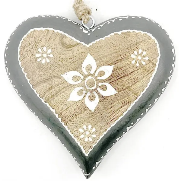 Coeur en Bois massif 16,5 cm décoré Fleurs bordure grise à suspendre