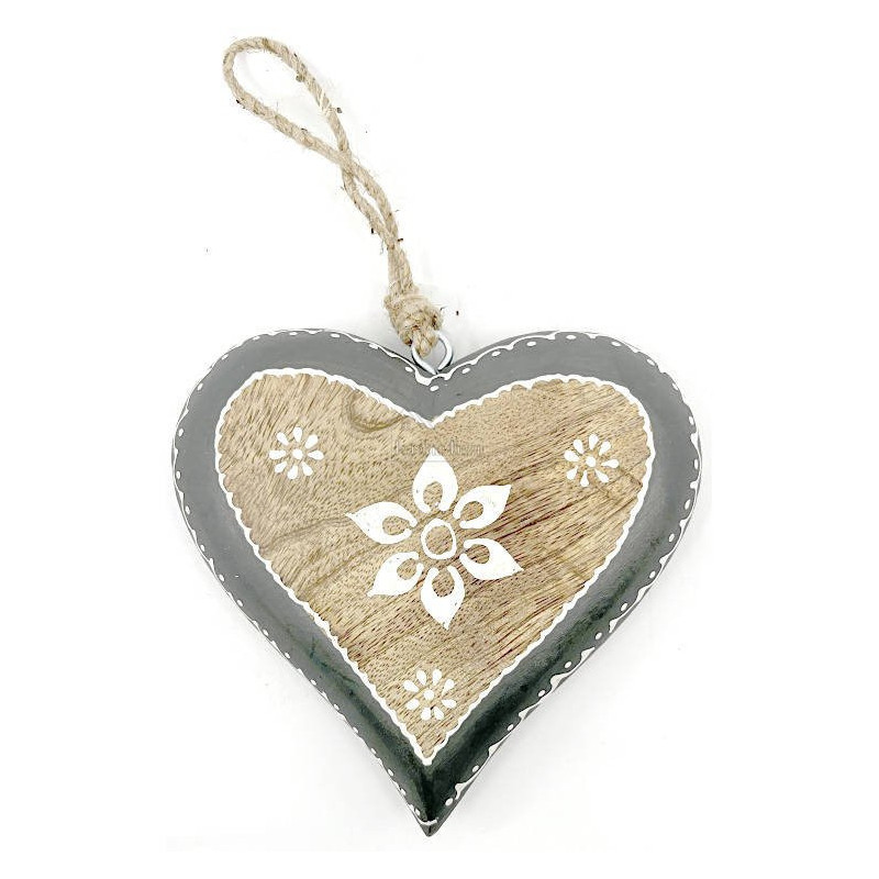 Herz aus Massivholz 16,5 cm mit Blumendekor und grauem Rand zum Aufhängen