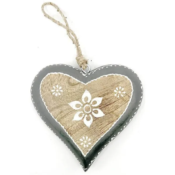Solid Wood Heart 16,5 cm decorated with Flowers grey border to hang