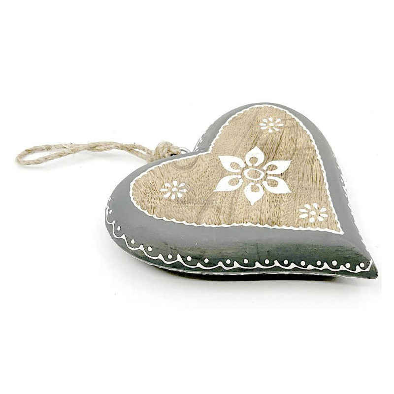 Herz aus Massivholz 16,5 cm mit Blumendekor und grauem Rand zum Aufhängen