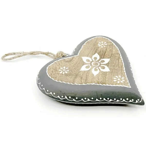 Herz aus Massivholz 16,5 cm mit Blumendekor und grauem Rand zum Aufhängen