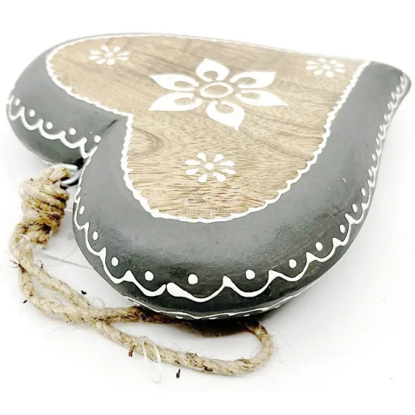 Herz aus Massivholz 16,5 cm mit Blumendekor und grauem Rand zum Aufhängen