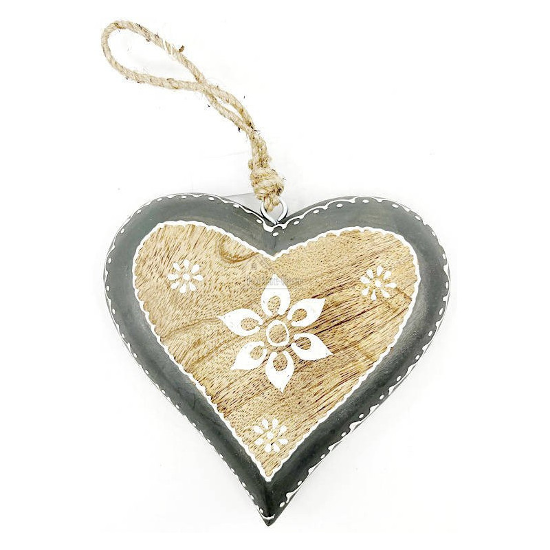 Herz aus Massivholz 16,5 cm mit Blumendekor und grauem Rand zum Aufhängen