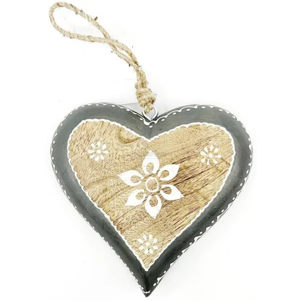Herz aus Massivholz 16,5 cm mit Blumendekor und grauem Rand zum Aufhängen