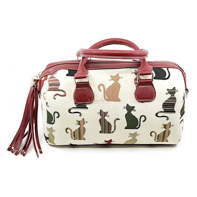 Helle Handtasche mit Pompon mit Katzenmotiv in Farbe
