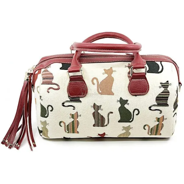 Helle Handtasche mit Pompon mit Katzenmotiv in Farbe