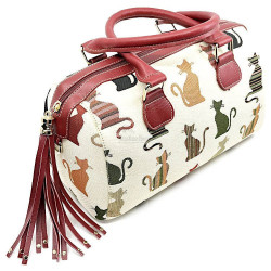 Helle Handtasche mit Pompon mit Katzenmotiv in Farbe