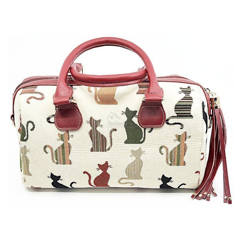 Helle Handtasche mit Pompon mit Katzenmotiv in Farbe