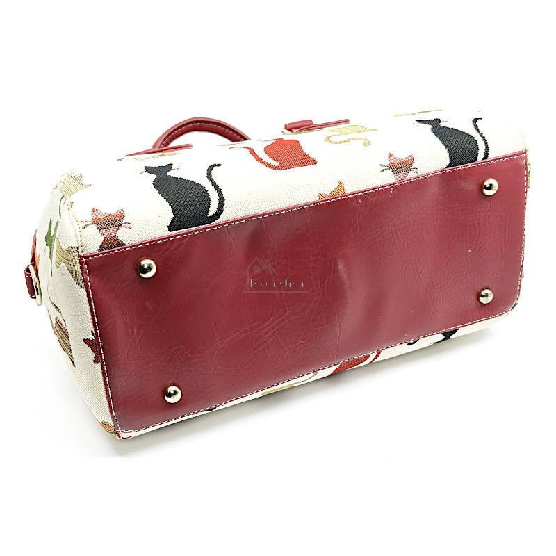 Helle Handtasche mit Pompon mit Katzenmotiv in Farbe