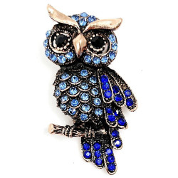 Fancy Copper Owl on Branch Brooch with Blue Strass