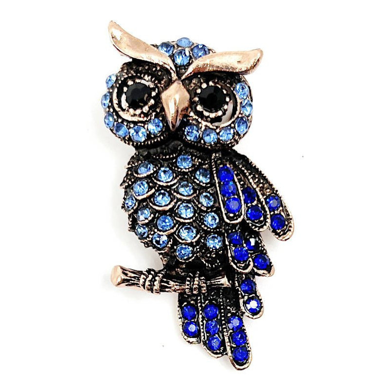 Fancy Copper Owl on Branch Brooch with Blue Strass