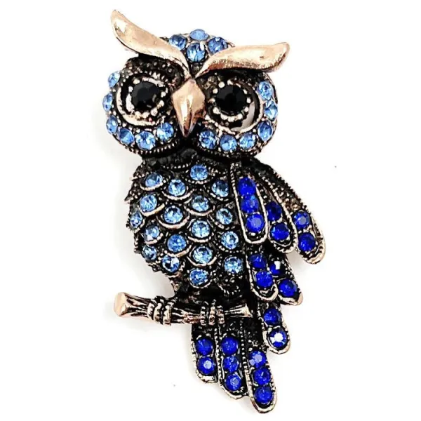 Broche Fantaisie cuivrée Hibou sur Branche sertie de Strass Bleus