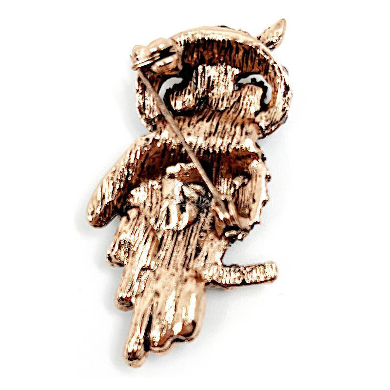 Fancy Copper Owl on Branch Brooch with Blue Strass