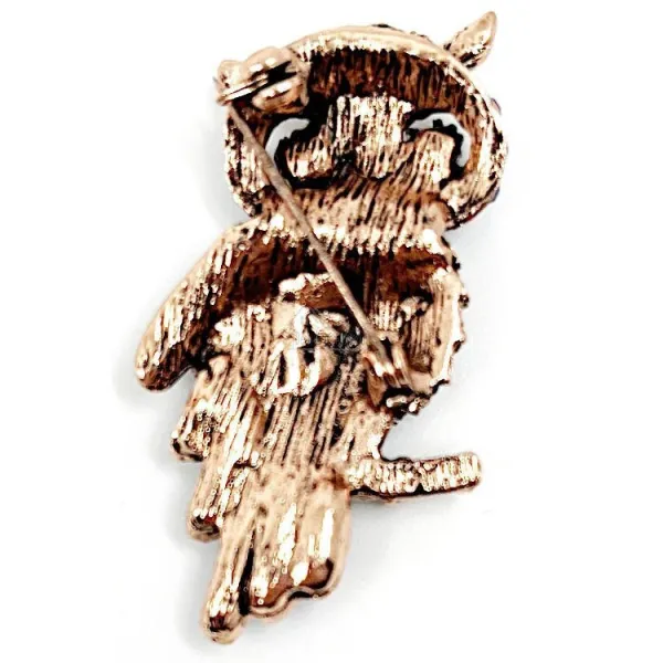 Broche Fantaisie cuivrée Hibou sur Branche sertie de Strass Bleus