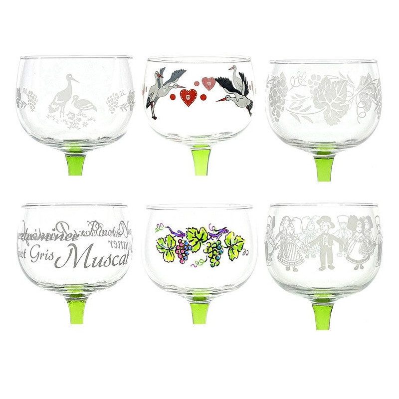 6 Verres à Vin d'Alsace différents décor Alsace
