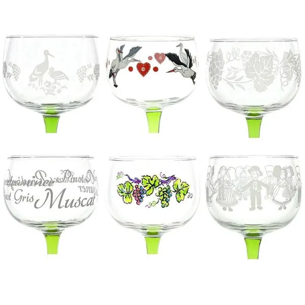 6 different Alsace Wine Glasses with Alsace decoration