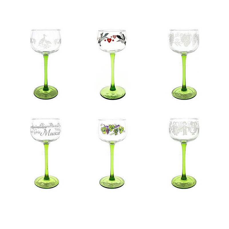 6 Verres à Vin d'Alsace différents décor Alsace