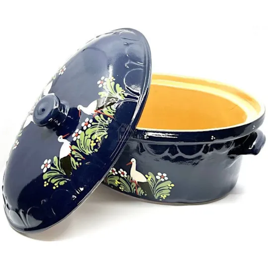 Grote Baeckeoffe Terrine Blauw van Soufflenheim Ooievaar 47 cm