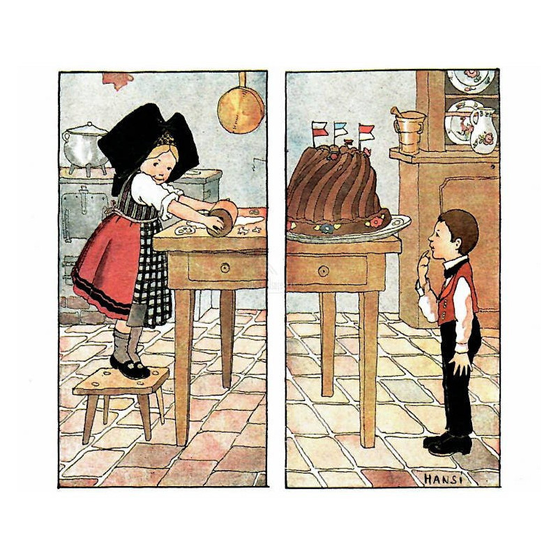 Postkarte Duett mit kleinen Gebäck und Hansi Gourmand