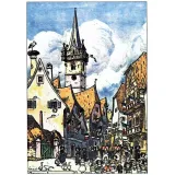 Postkarte Hansi Dorfzentrum mit Glockenturm und elsässischen Häusern