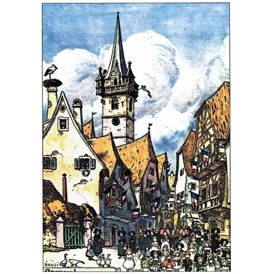 Carte Postale Hansi Villageois au centre avec Beffroi et Maisons Alsaciennes