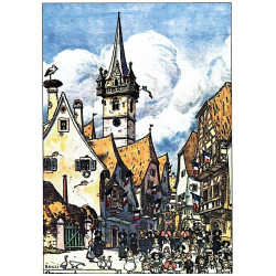 Postkarte Hansi Dorfzentrum mit Glockenturm und elsässischen Häusern