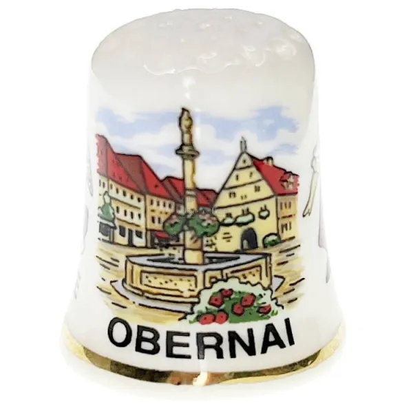 Fingerhut aus Porzellan mit Dekor Dorf Storch und Stadtzentrum Obernai