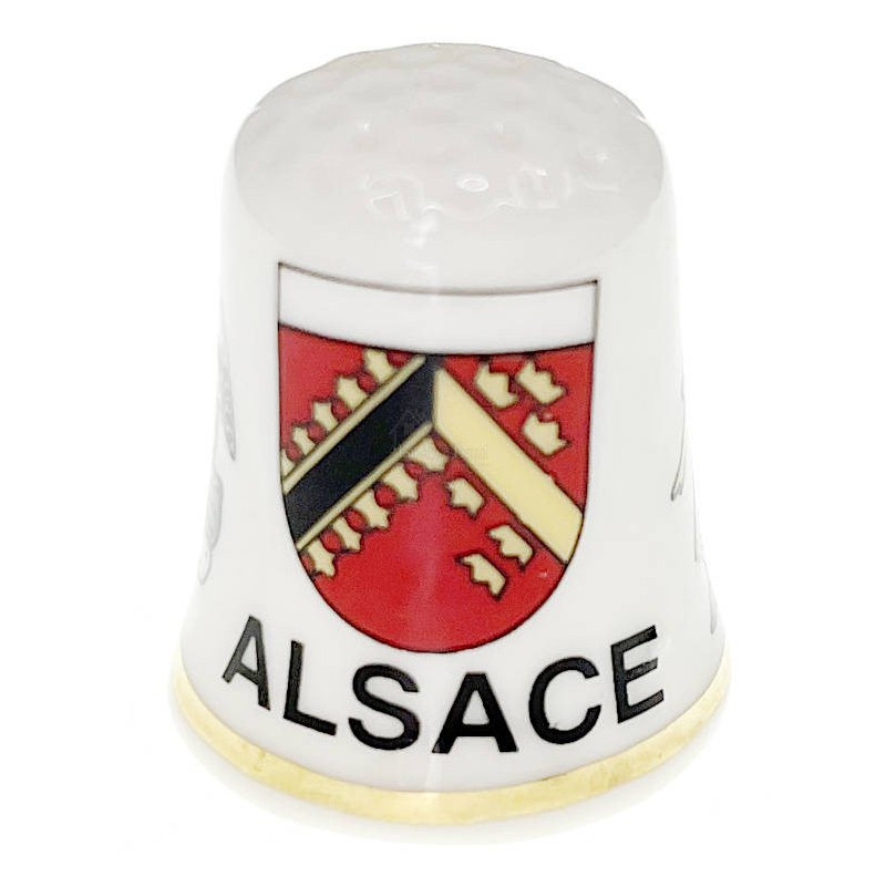 Ceramic thimble with Alsatian coat of arms, stork and Alsatian woman