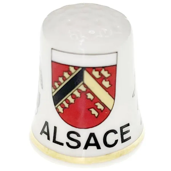 Ceramic thimble with Alsatian coat of arms, stork and Alsatian woman