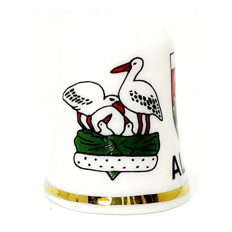 Ceramic thimble with Alsatian coat of arms, stork and Alsatian woman