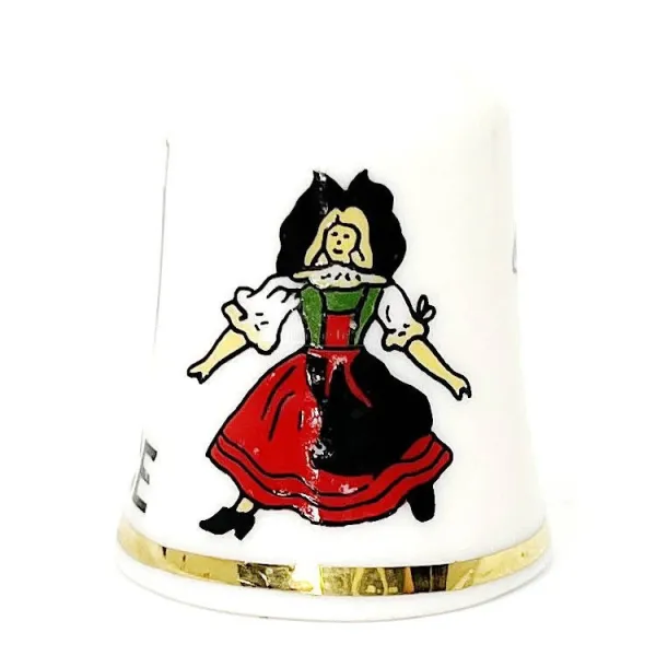 Dé à Coudre en Céramique Blason Alsacien, Cigogne et Alsacienne