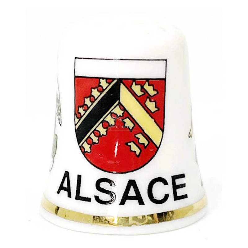Ceramic thimble with Alsatian coat of arms, stork and Alsatian woman