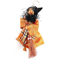 Porte Clé Sorcière d'Alsace avec balai robe orange 17 cm
