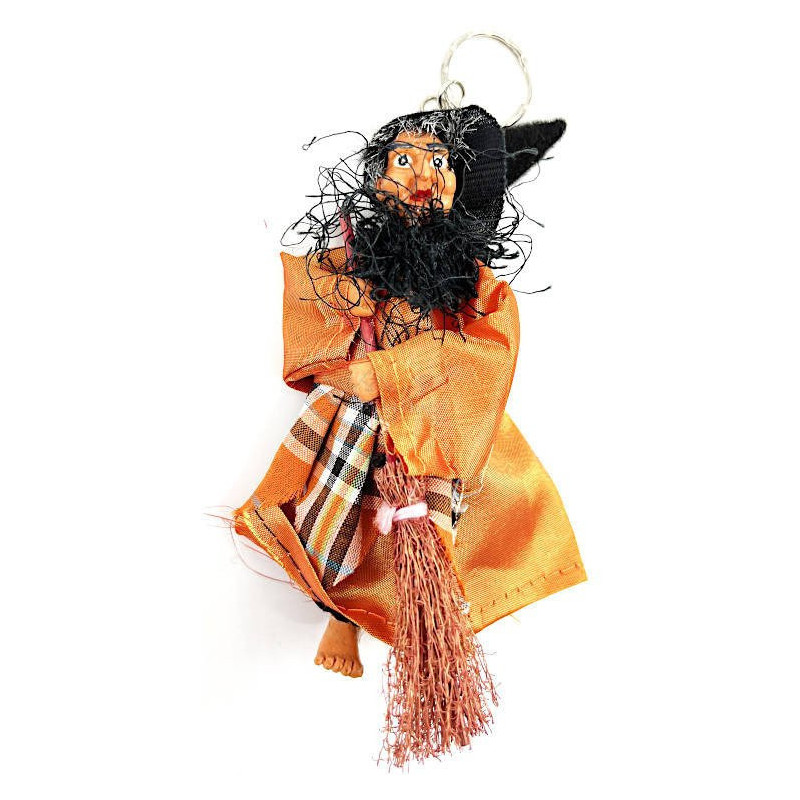 Schlüsselanhänger Elsässer Hexe mit Besen orangefarbenes Kleid 17 cm