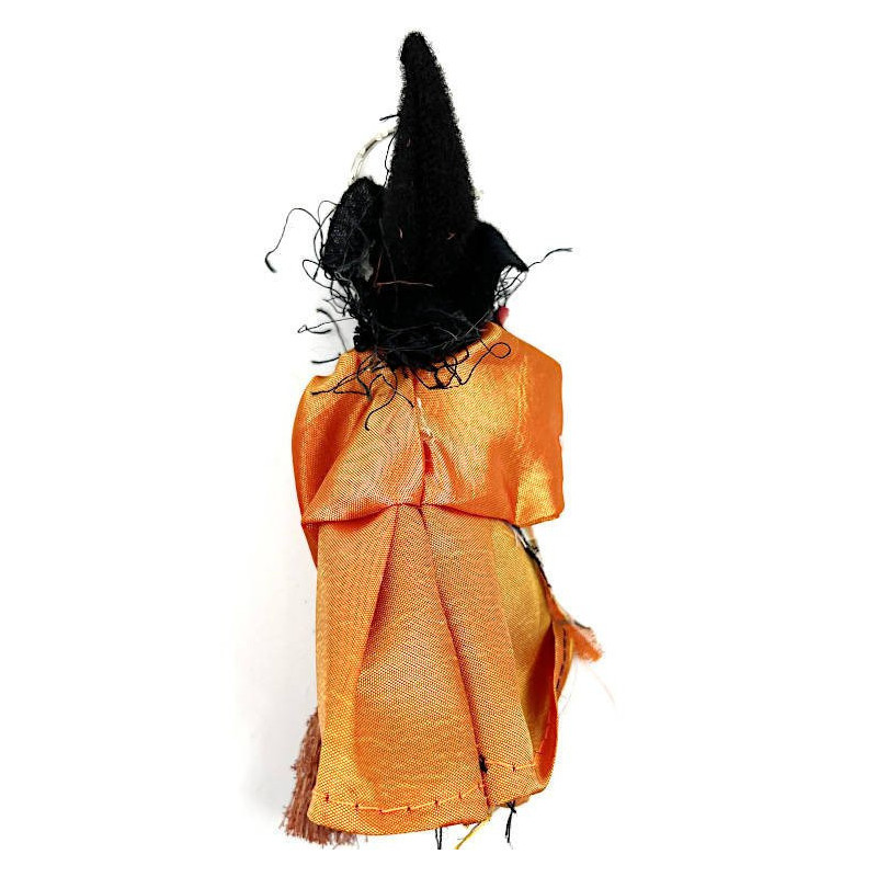 Schlüsselanhänger Elsässer Hexe mit Besen orangefarbenes Kleid 17 cm