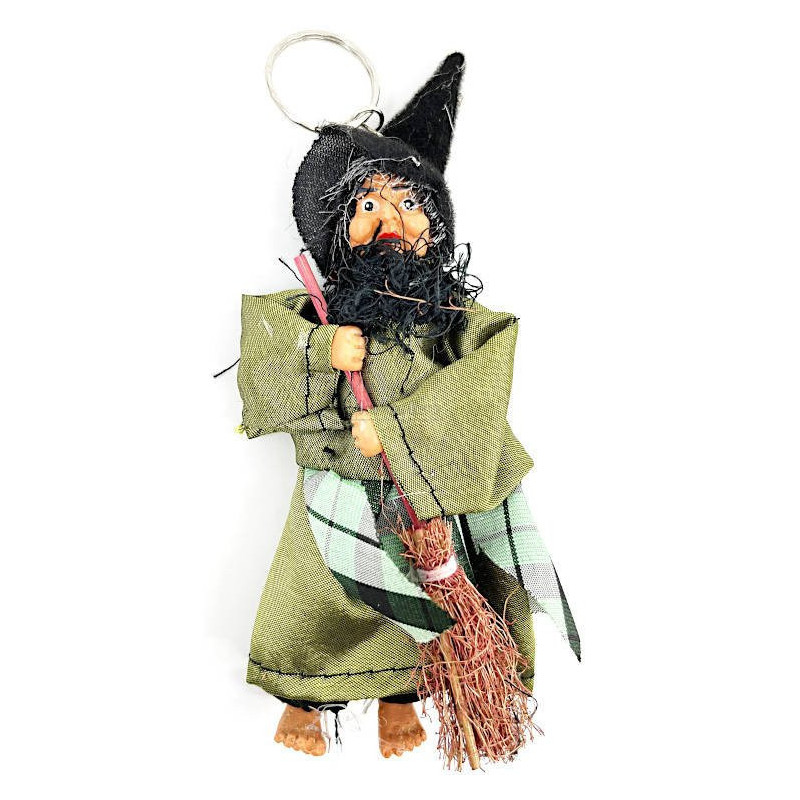 Schlüsselanhänger Elsässer Hexe mit Besen grünes Kleid 17 cm