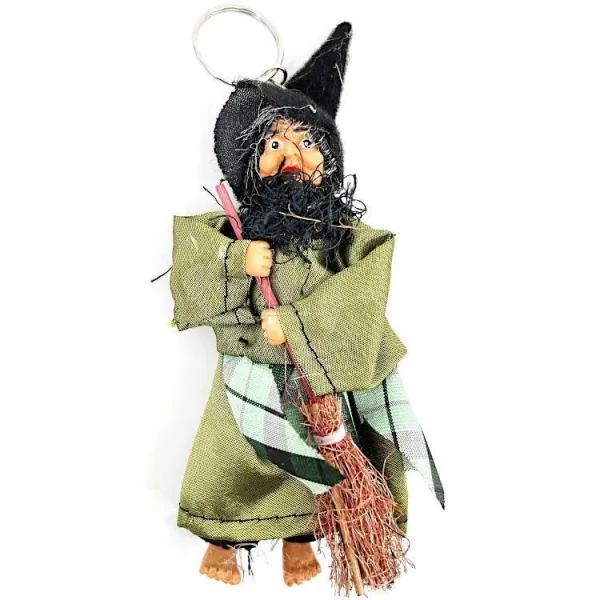 Schlüsselanhänger Elsässer Hexe mit Besen grünes Kleid 17 cm