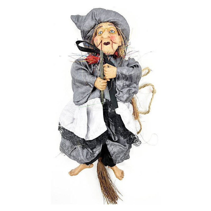 Sorcière d'Alsace à lunettes robe satinée grise cape rouge 23 cm
