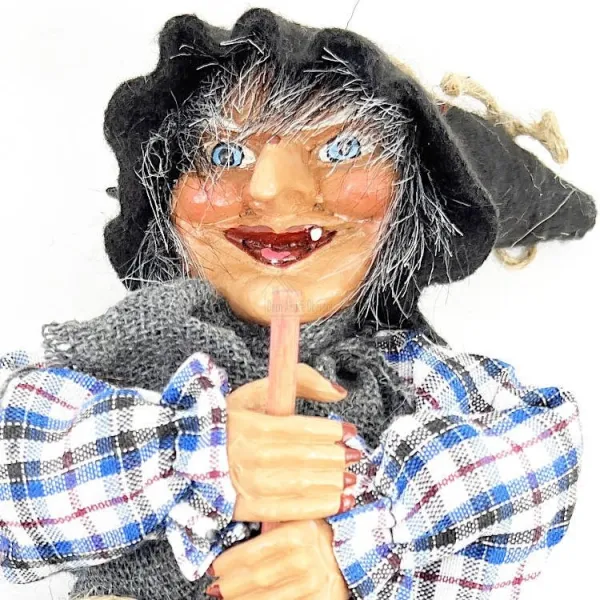 Hanging Alsatian Witch with blue dress and holly 32 cm