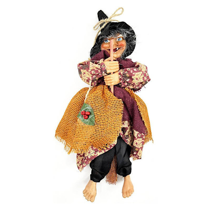 Elsässische Hexe zum Aufhängen mit ockerfarbenem Kleid und Stechpalme 32 cm