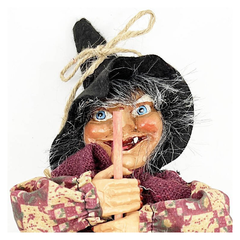 Alsatian Witch to hang with ochre dress and holly 32 cm