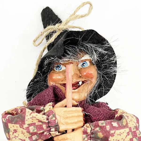 Alsatian Witch to hang with ochre dress and holly 32 cm