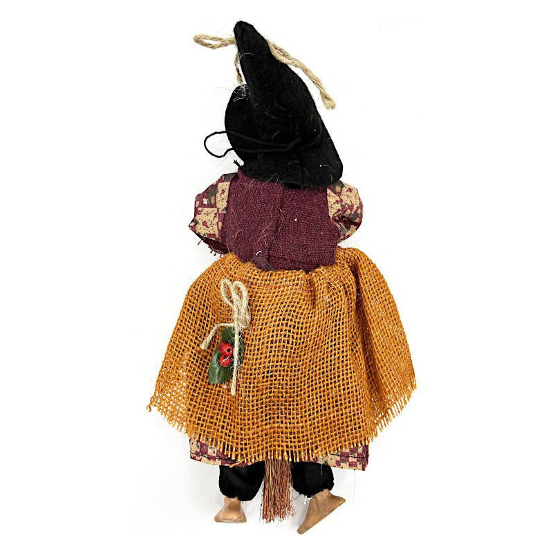 Elsässische Hexe zum Aufhängen mit ockerfarbenem Kleid und Stechpalme 32 cm